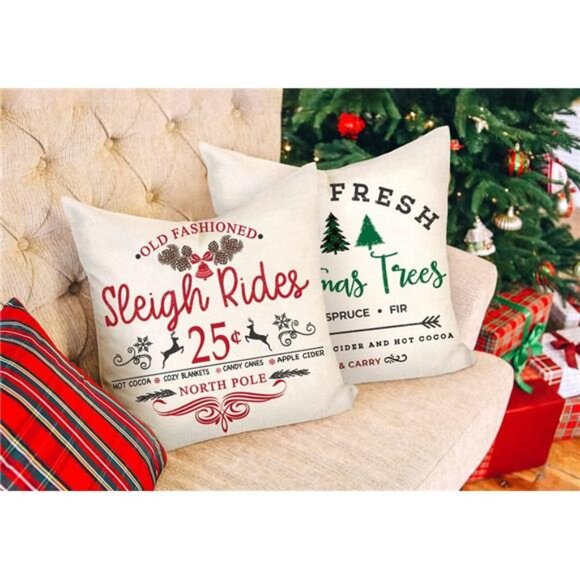 Farmhouse Christmas Pillow Covers 18x18 Set of 4 Winter Holiday Decorations - Picture 3 of 7